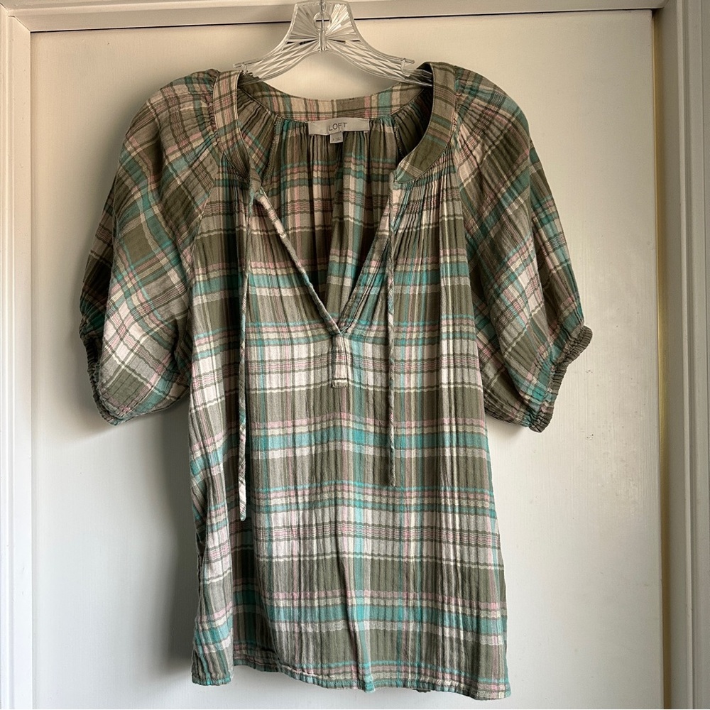 LOFT Sage, White, Pink and Turquoise Plaid Tie Front Blouse with Bib Collar